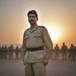 A brave Captain in the Pakistan Army, confidently commanding his troops. The Captain stands tall, bathed in the glow of dawn light. His troops, all clad in professional military gear, showcase unwavering loyalty and discipline.