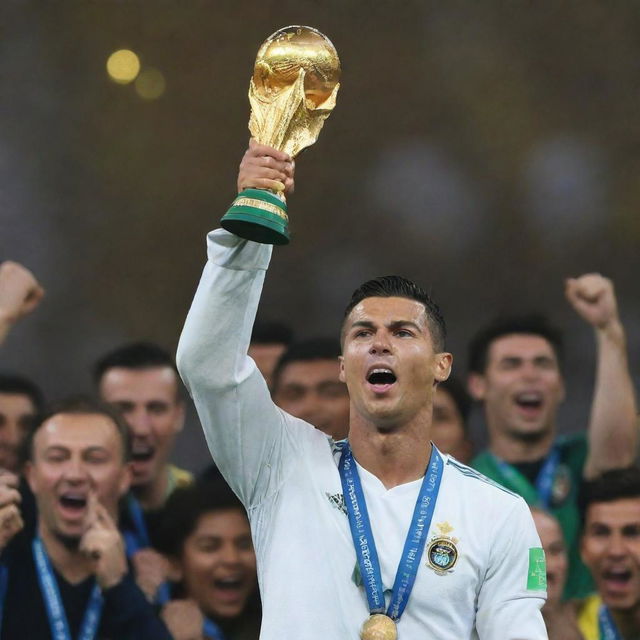 An exultant Cristiano Ronaldo, his face filled with joy and accomplishment, hoisting the FIFA World Cup trophy with his team. The sense of victory and triumph radiates from the vivid image.