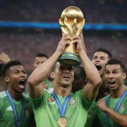 An exultant Cristiano Ronaldo, his face filled with joy and accomplishment, hoisting the FIFA World Cup trophy with his team. The sense of victory and triumph radiates from the vivid image.