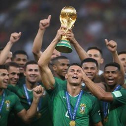 An exultant Cristiano Ronaldo, his face filled with joy and accomplishment, hoisting the FIFA World Cup trophy with his team. The sense of victory and triumph radiates from the vivid image.