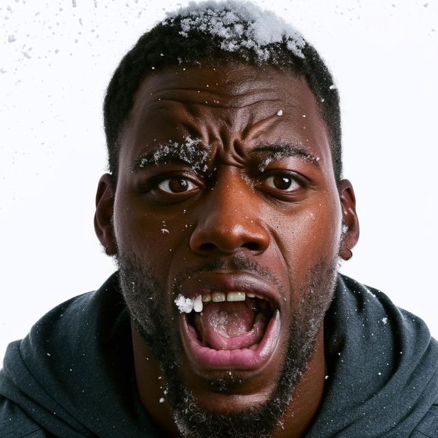 Alter the portrait of the black man with snow on his face, adjusting his expression to a manic and crazed look