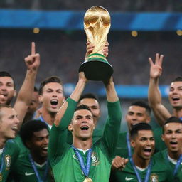 An exultant Cristiano Ronaldo, his face filled with joy and accomplishment, hoisting the FIFA World Cup trophy with his team. The sense of victory and triumph radiates from the vivid image.