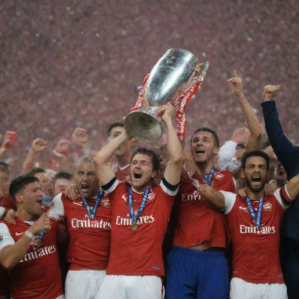 Arsenal football club, jubilant and ecstatic, surrounded by a confetti shower as they hoist the UEFA Champions League trophy. Their faces convey the joy and triumph of achieving this significant sporting victory.