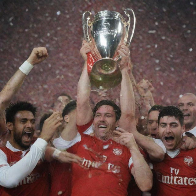 Arsenal football club, jubilant and ecstatic, surrounded by a confetti shower as they hoist the UEFA Champions League trophy. Their faces convey the joy and triumph of achieving this significant sporting victory.