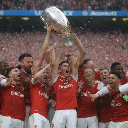 Arsenal football club, jubilant and ecstatic, surrounded by a confetti shower as they hoist the UEFA Champions League trophy. Their faces convey the joy and triumph of achieving this significant sporting victory.