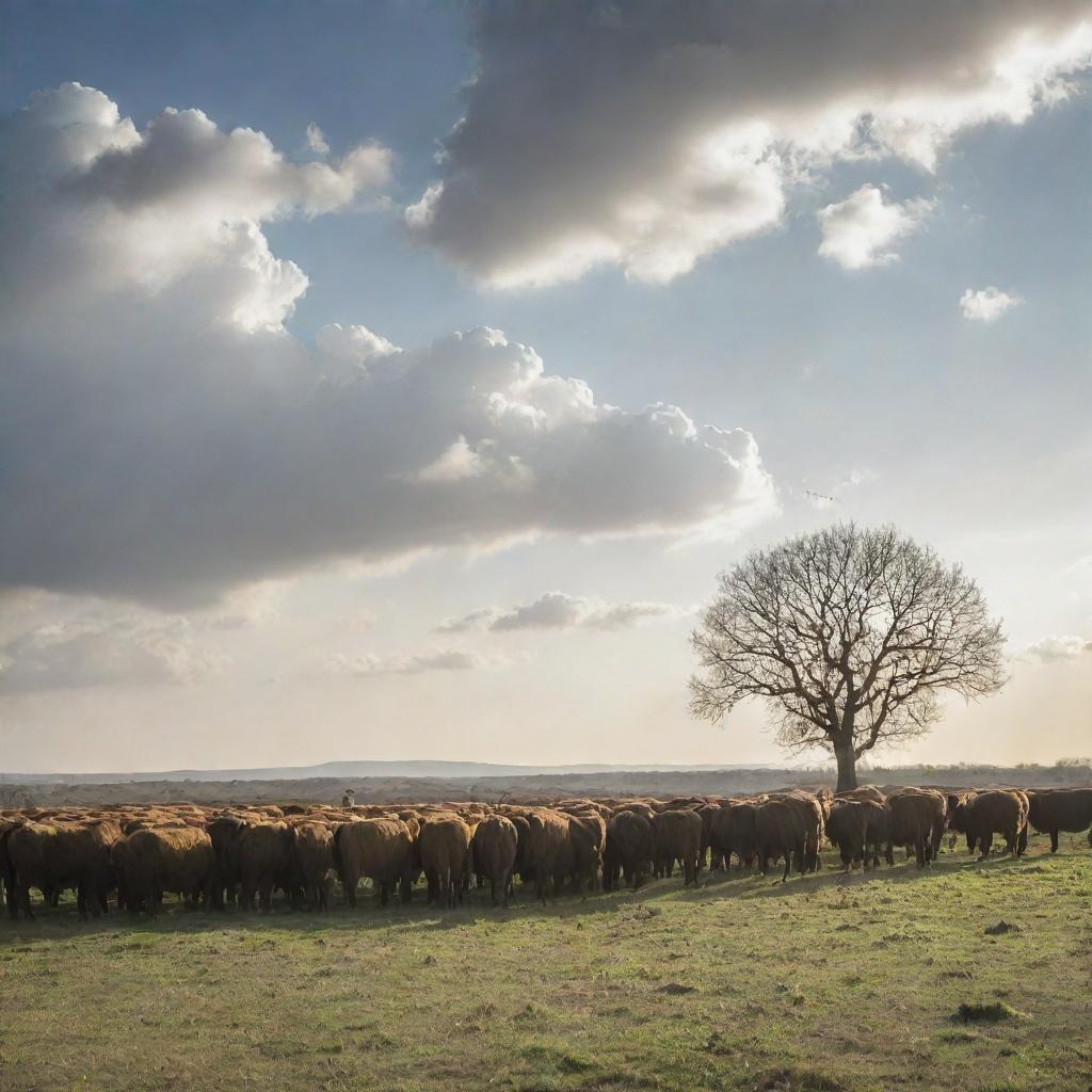 A peaceful scene featuring a shepherd diligently tending to his grazing cattle under a sky gleaming with afternoon sunlight.