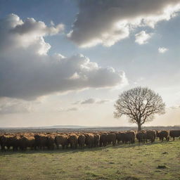 A peaceful scene featuring a shepherd diligently tending to his grazing cattle under a sky gleaming with afternoon sunlight.