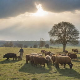 A peaceful scene featuring a shepherd diligently tending to his grazing cattle under a sky gleaming with afternoon sunlight.