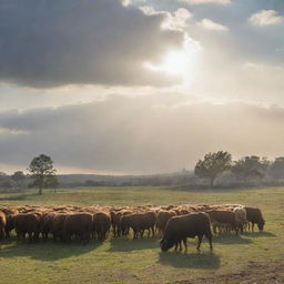 A peaceful scene featuring a shepherd diligently tending to his grazing cattle under a sky gleaming with afternoon sunlight.