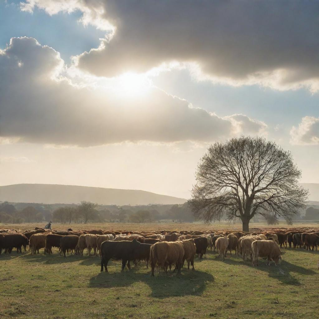 A peaceful scene featuring a shepherd diligently tending to his grazing cattle under a sky gleaming with afternoon sunlight.