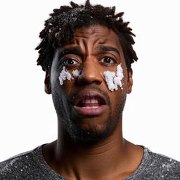 Alter the portrait of the black man with snow on his face, adjusting his expression to a manic and crazed look