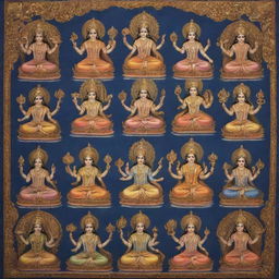 A visually rich portrayal of the ten incarnations (Dashavatars) of Lord Vishnu, each avatar intricately designed and vibrant showcasing the key attributes and stories of each form, presenting Hindu mythology's wealth of tales.