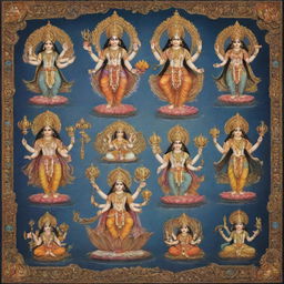 A visually rich portrayal of the ten incarnations (Dashavatars) of Lord Vishnu, each avatar intricately designed and vibrant showcasing the key attributes and stories of each form, presenting Hindu mythology's wealth of tales.