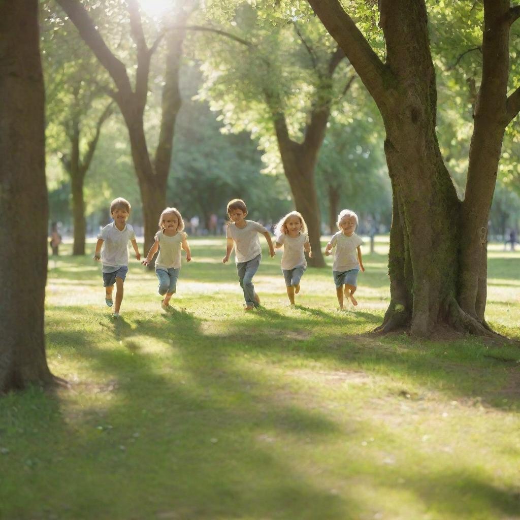 Children energetically playing hide and seek in a sunlit, lush green park, with some kids lurking behind trees and others joyfully searching