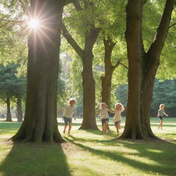 Children energetically playing hide and seek in a sunlit, lush green park, with some kids lurking behind trees and others joyfully searching