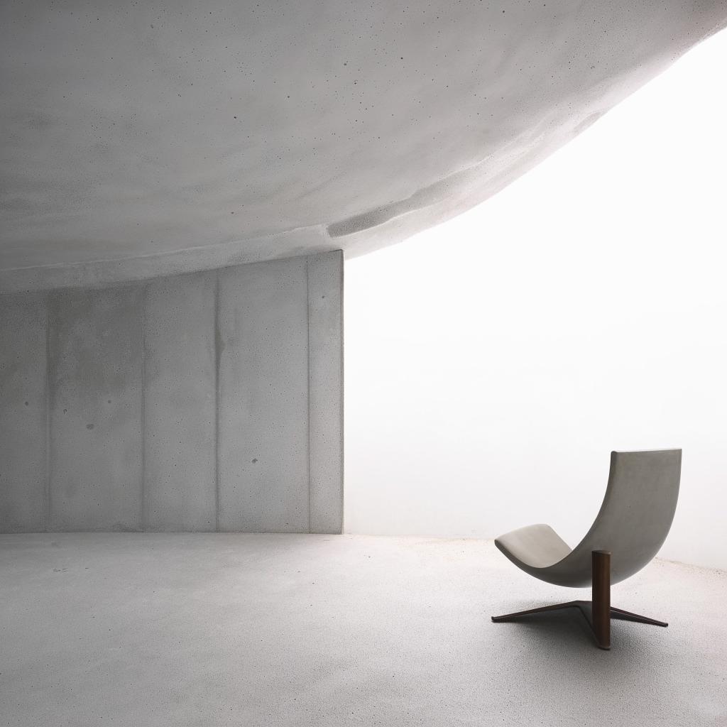 An aesthetically pleasing concrete room, featuring an armchair. The scene is set in the style of architectural photography.