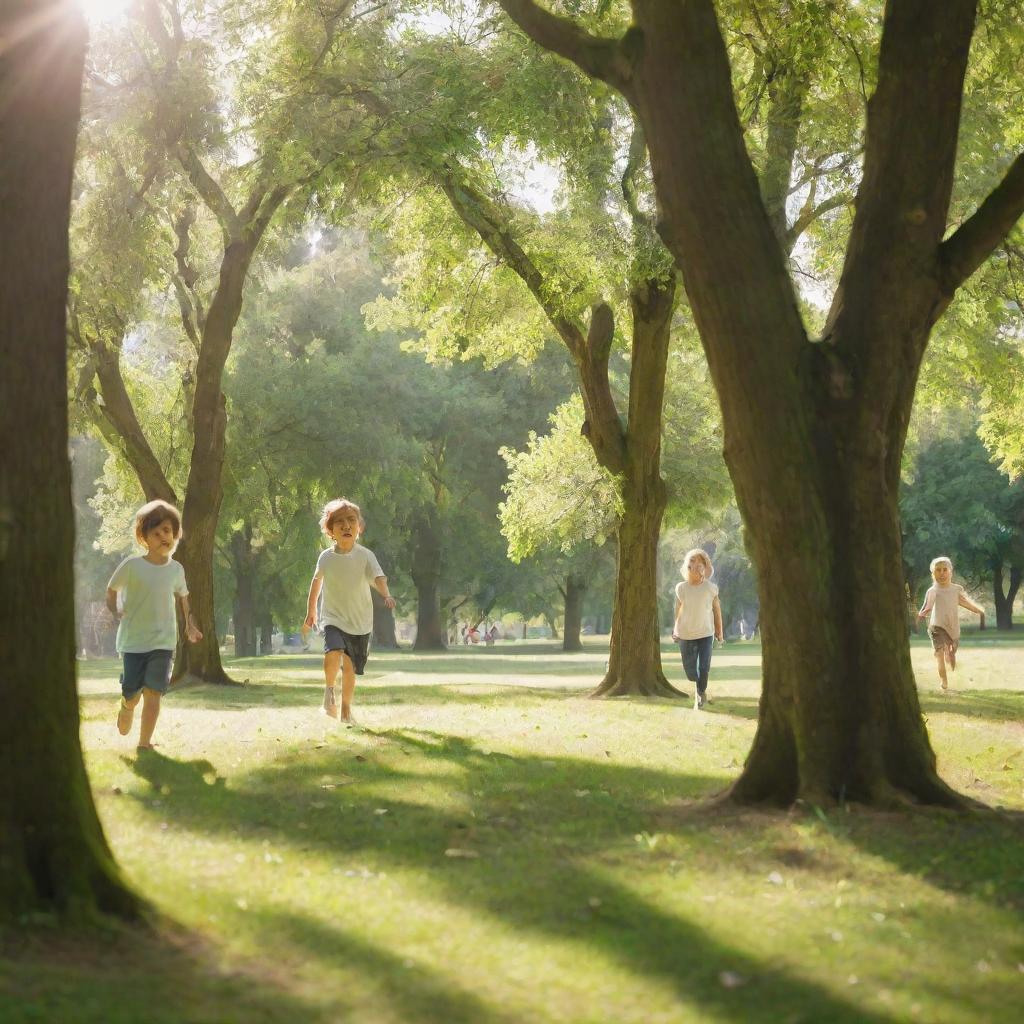 Children energetically playing hide and seek in a sunlit, lush green park, with some kids lurking behind trees and others joyfully searching