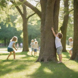 Children energetically playing hide and seek in a sunlit, lush green park, with some kids lurking behind trees and others joyfully searching