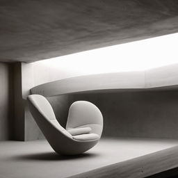 An aesthetically pleasing concrete room, featuring an armchair. The scene is set in the style of architectural photography.