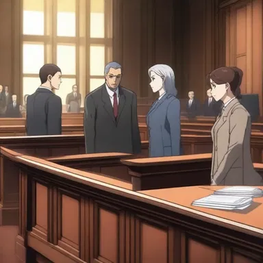 In the gripping courtroom anime series, 'Trial Tactics', the witness box is depicted with dramatic lighting effects, enhancing the tension as witnesses courageously reveal crucial information.