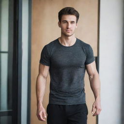 Fit young man leaving the gym, dressed in a half-sleeve t-shirt.