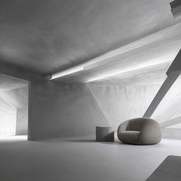 An aesthetically pleasing concrete room, featuring an armchair. The scene is set in the style of architectural photography.