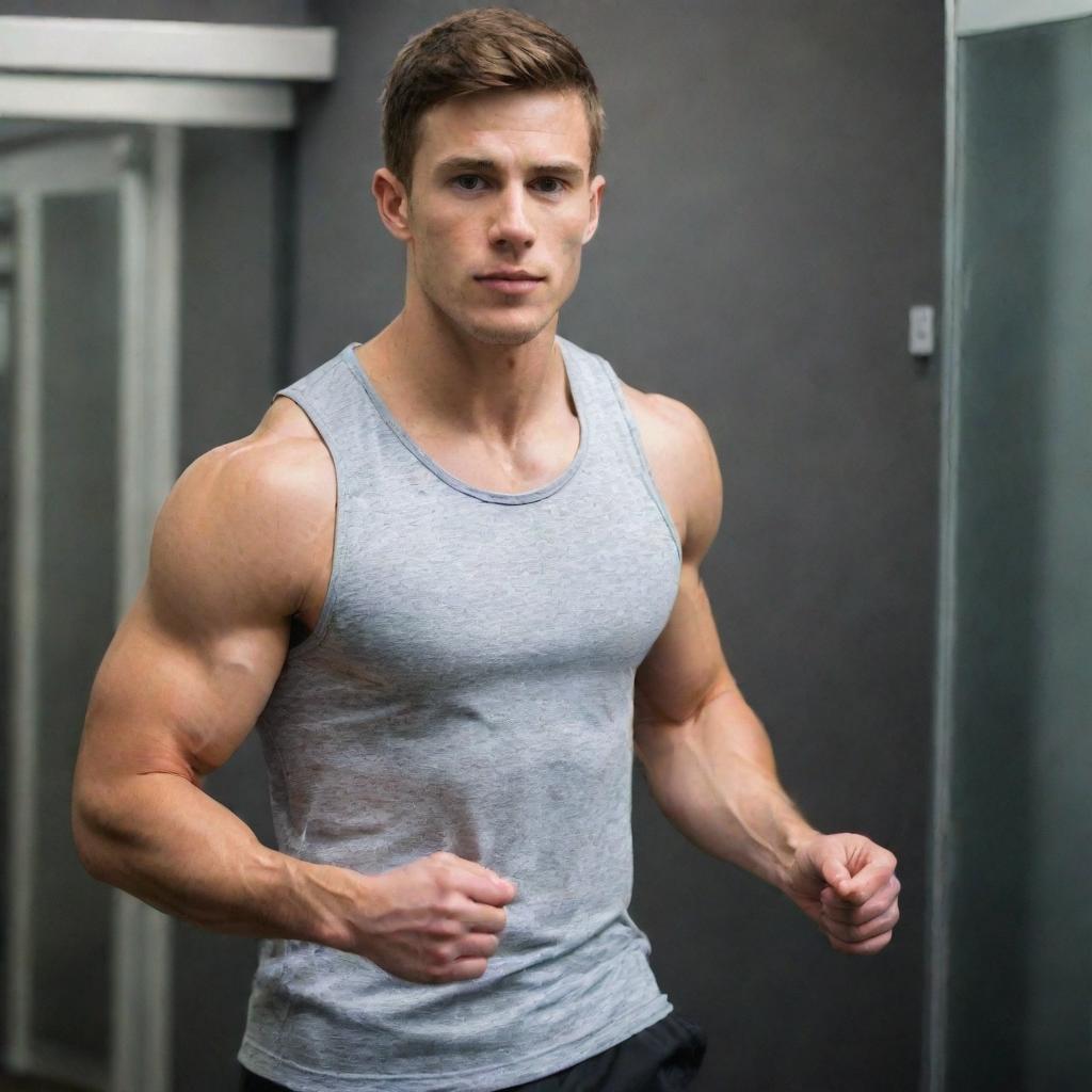 A fit young man leaving the gym, showcasing his physique to a mirror while wearing a sleeveless shirt.