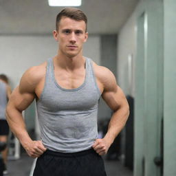 A fit young man leaving the gym, showcasing his physique to a mirror while wearing a sleeveless shirt.