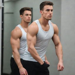 A fit young man leaving the gym, showcasing his physique to a mirror while wearing a sleeveless shirt.