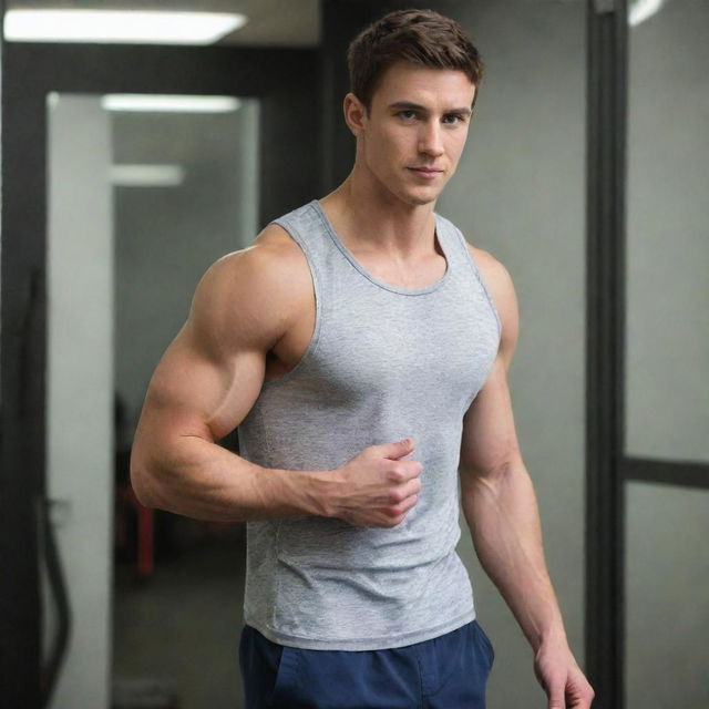 A fit young man leaving the gym, showcasing his physique to a mirror while wearing a sleeveless shirt.