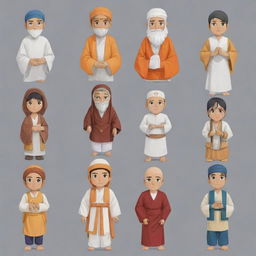 Generate anime characters representing Islam, Christianity, Hinduism, Catholicism, and Buddhism in a harmonious gathering, each displaying symbols or attire related to their respective religions