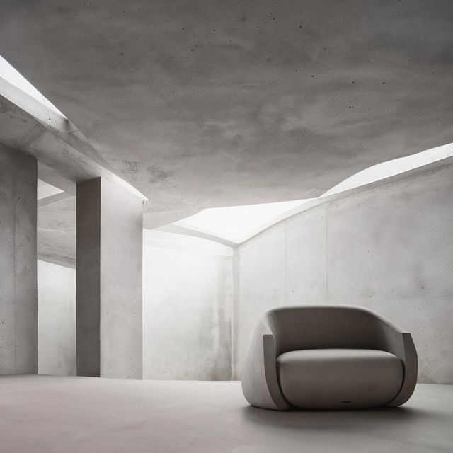 An aesthetically pleasing concrete room, featuring an armchair. The scene is set in the style of architectural photography.