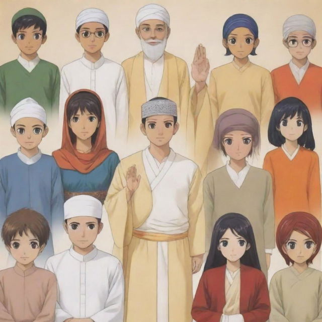 Generate anime characters representing Islam, Christianity, Hinduism, Catholicism, and Buddhism in a harmonious gathering, each displaying symbols or attire related to their respective religions