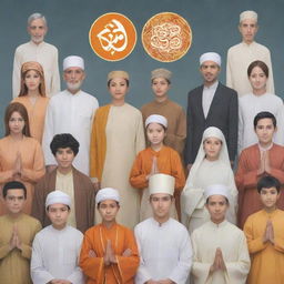 Generate anime characters representing Islam, Christianity, Hinduism, Catholicism, and Buddhism in a harmonious gathering, each displaying symbols or attire related to their respective religions