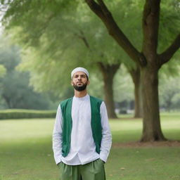 A man in traditional Muslim attire looking dizzy in a green park, with empty pockets turned inside out to symbolize financial stress.