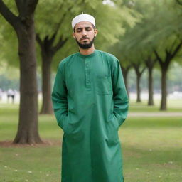 A man in traditional Muslim attire looking dizzy in a green park, with empty pockets turned inside out to symbolize financial stress.