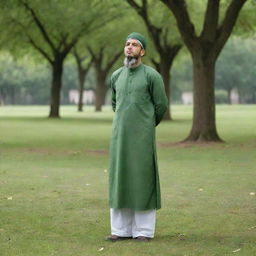 A man in traditional Muslim attire looking dizzy in a green park, with empty pockets turned inside out to symbolize financial stress.