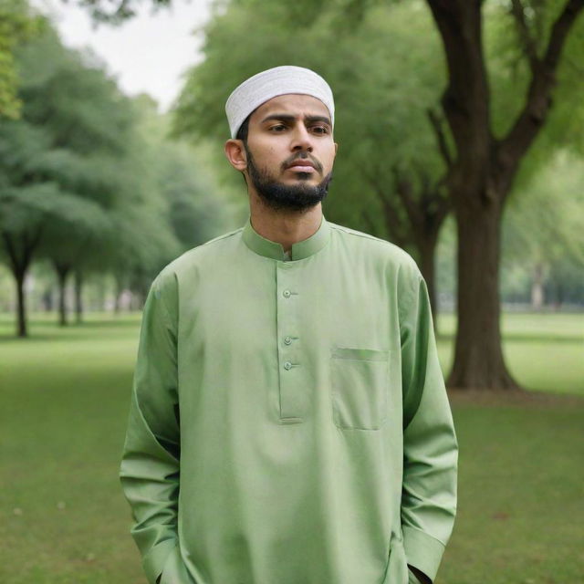 A man in traditional Muslim attire looking dizzy in a green park, with empty pockets turned inside out to symbolize financial stress.