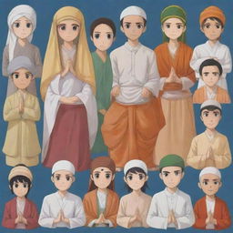 Generate anime characters representing Islam, Christianity, Hinduism, Catholicism, and Buddhism in a harmonious gathering, each displaying symbols or attire related to their respective religions