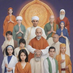 Generate anime characters representing Islam, Christianity, Hinduism, Catholicism, and Buddhism in a harmonious gathering, each displaying symbols or attire related to their respective religions