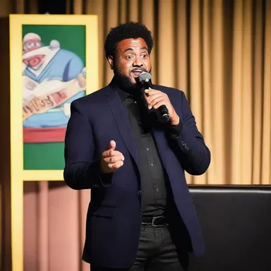 During the comedy show, the stand-up comedian encourages the audience to sound off with their funniest jokes and amusing anecdotes.