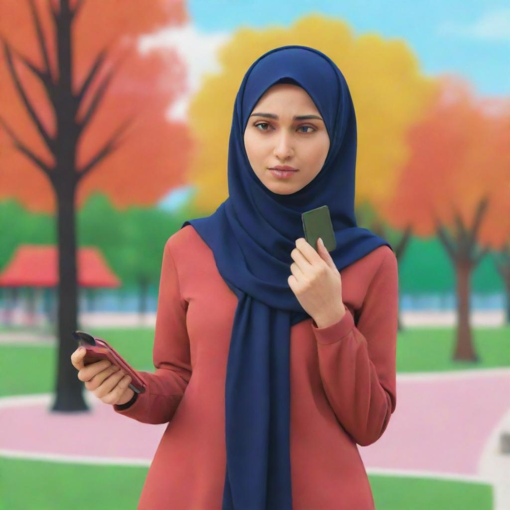 An animated version of a woman in hijab at a vibrant park, looking dizzy with a thin wallet in her hand, signifying lack of money.