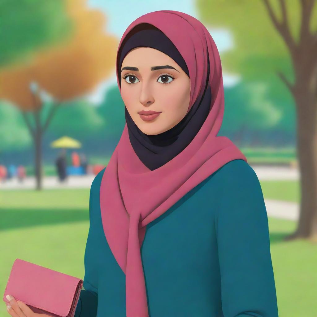 An animated version of a woman in hijab at a vibrant park, looking dizzy with a thin wallet in her hand, signifying lack of money.