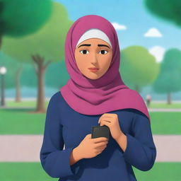 An animated version of a woman in hijab at a vibrant park, looking dizzy with a thin wallet in her hand, signifying lack of money.