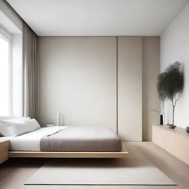 The minimalist design of the room featured a sense of privation, with sparse furniture and neutral colors.