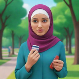 An animated version of a woman in hijab at a vibrant park, looking dizzy with a thin wallet in her hand, signifying lack of money.