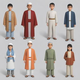 Generate anime characters representing Islam, Christianity, Hinduism, Catholicism, and Buddhism in a friendly interaction, each displaying symbols or attire related to their respective religions