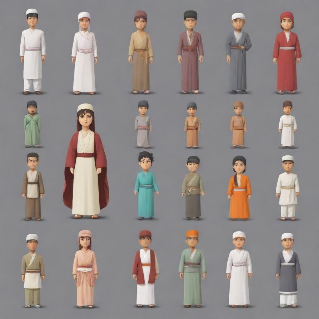 Generate anime characters representing Islam, Christianity, Hinduism, Catholicism, and Buddhism in a friendly interaction, each displaying symbols or attire related to their respective religions