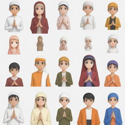 Generate anime characters representing Islam, Christianity, Hinduism, Catholicism, and Buddhism in a friendly interaction, each displaying symbols or attire related to their respective religions