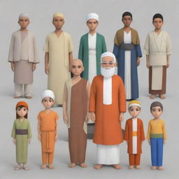 Generate anime characters representing Islam, Christianity, Hinduism, Catholicism, and Buddhism in a friendly interaction, each displaying symbols or attire related to their respective religions